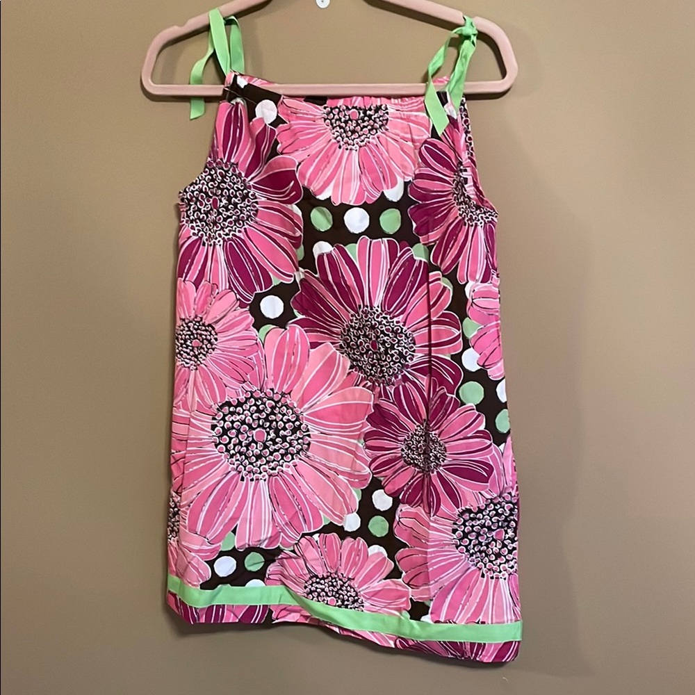 NWT Hanna Andersson Tie Shoulder Dress, Pink, Brown, White, Green Design, 130